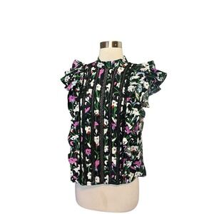 VERONICA BEARDSol Printed Lace Ruffle Top Size 4 Black multicolor Floral